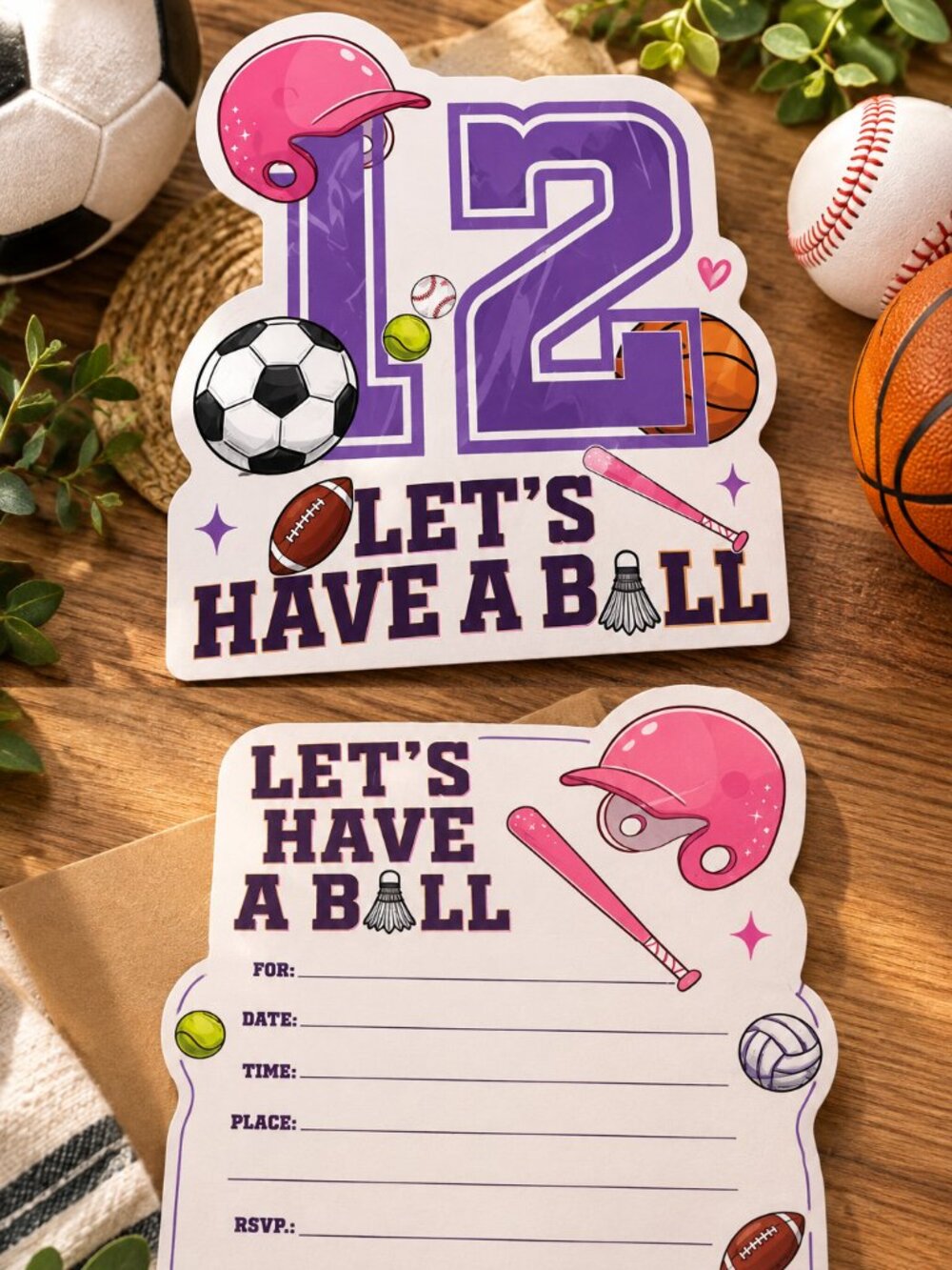 12th Birthday Party - 30-Pack Let’s Have a Ball Sports Birthday Invitations